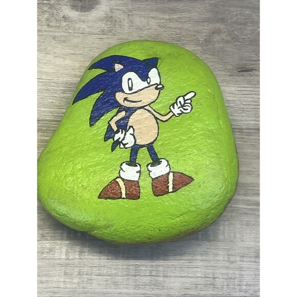 Hand Painted Art Rock Garden Sonic the Hedgehog Paperweight OOAK - Picture 1 of 8